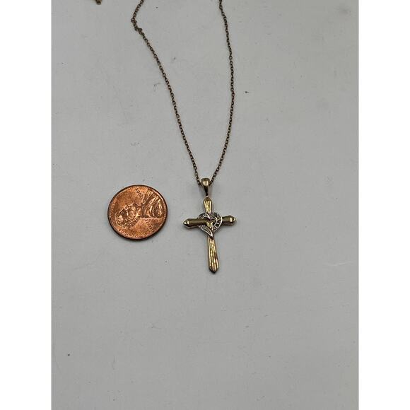 RJ Sterling Silver Vermeil Diamond Heart Cross Pendant Cable Chain Necklace - Picture 5 of 7